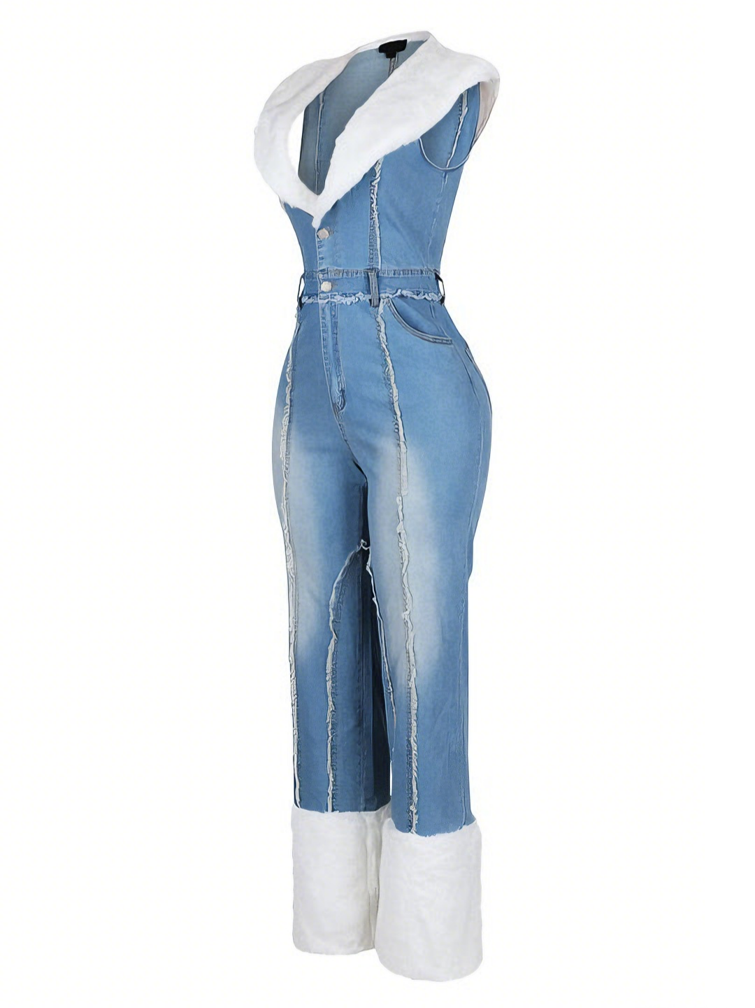 Faux Fur Denim Jumpsuit