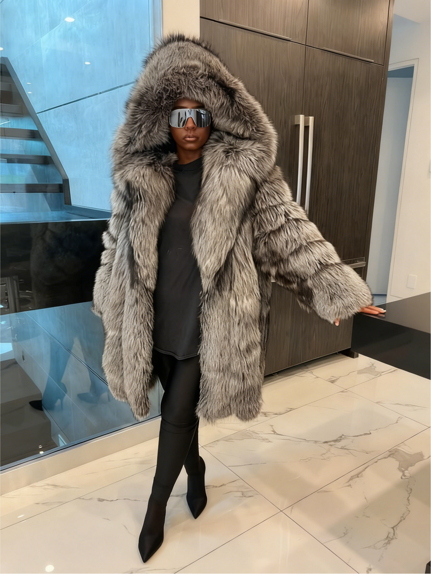 Luxury Silver Fox Fur Mid Coat