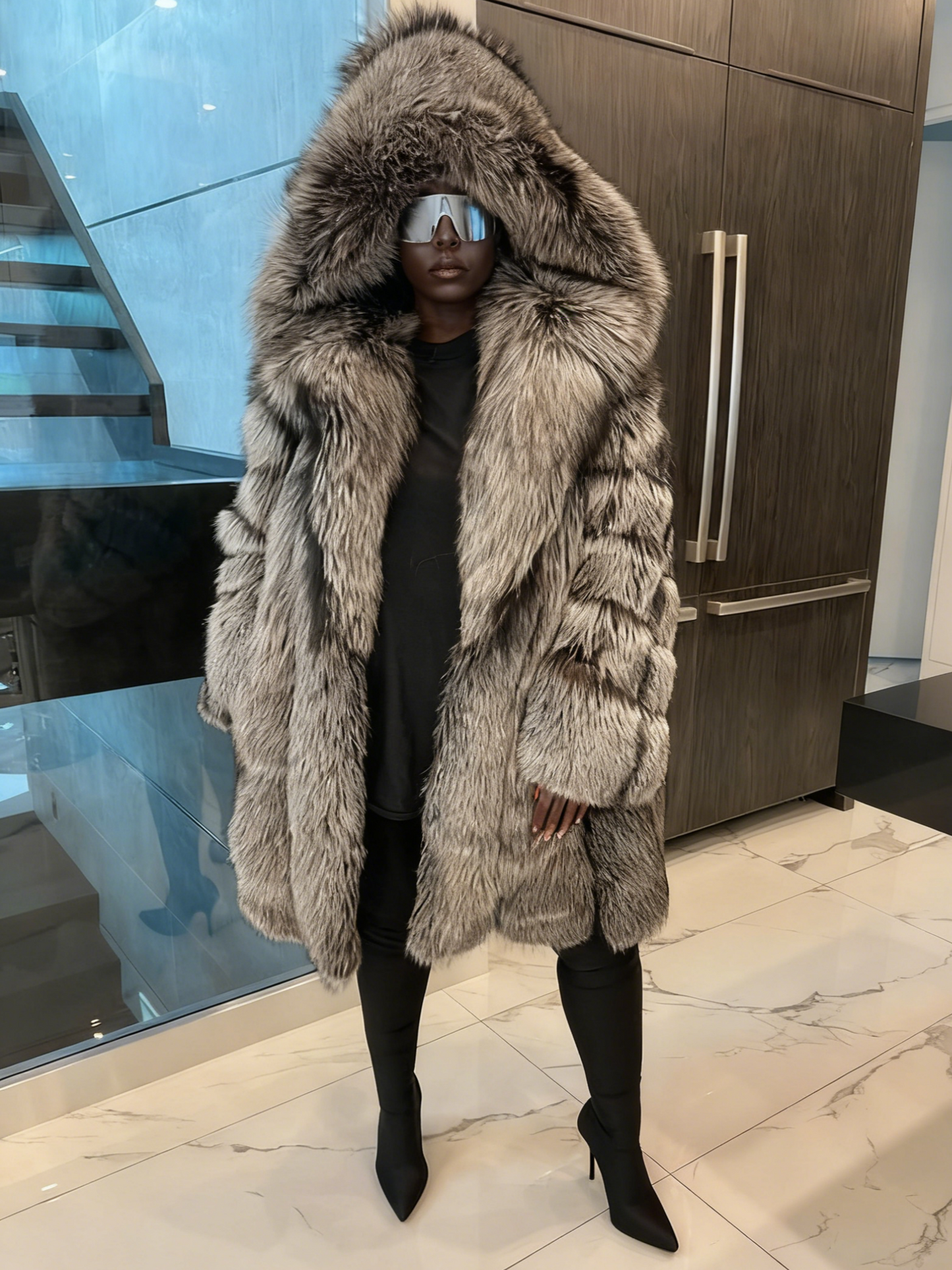 Luxury Silver Fox Fur Mid Coat