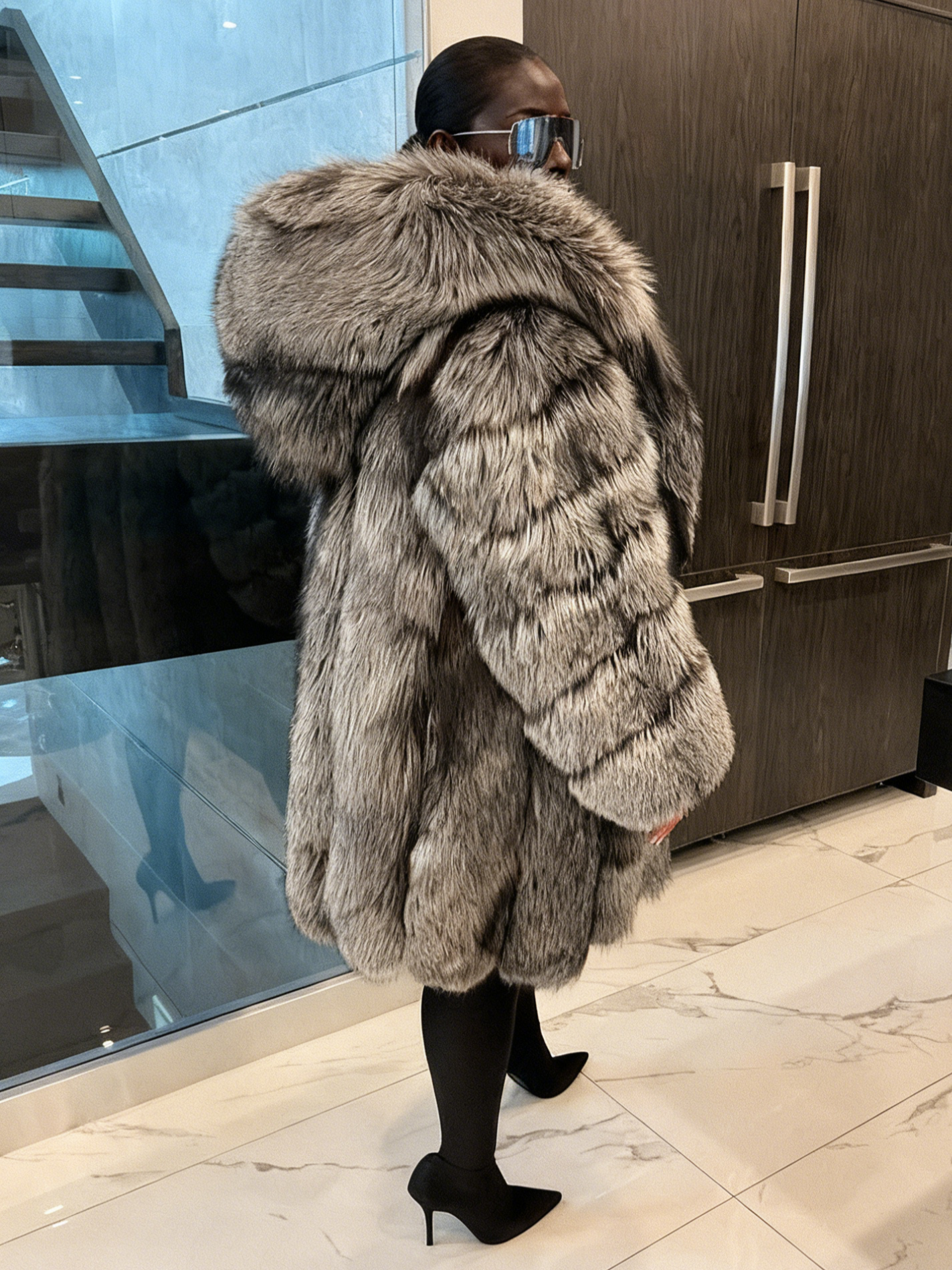 Luxury Silver Fox Fur Mid Coat