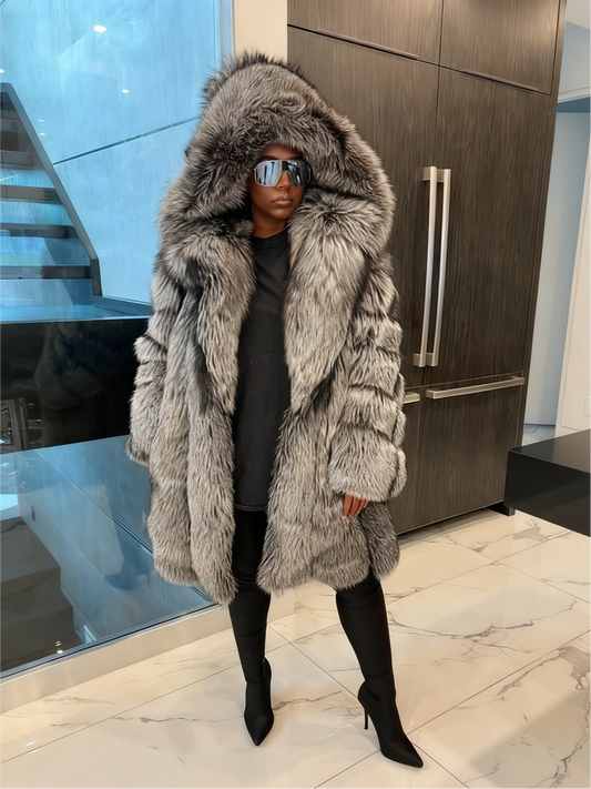 Luxury Silver Fox Fur Mid Coat
