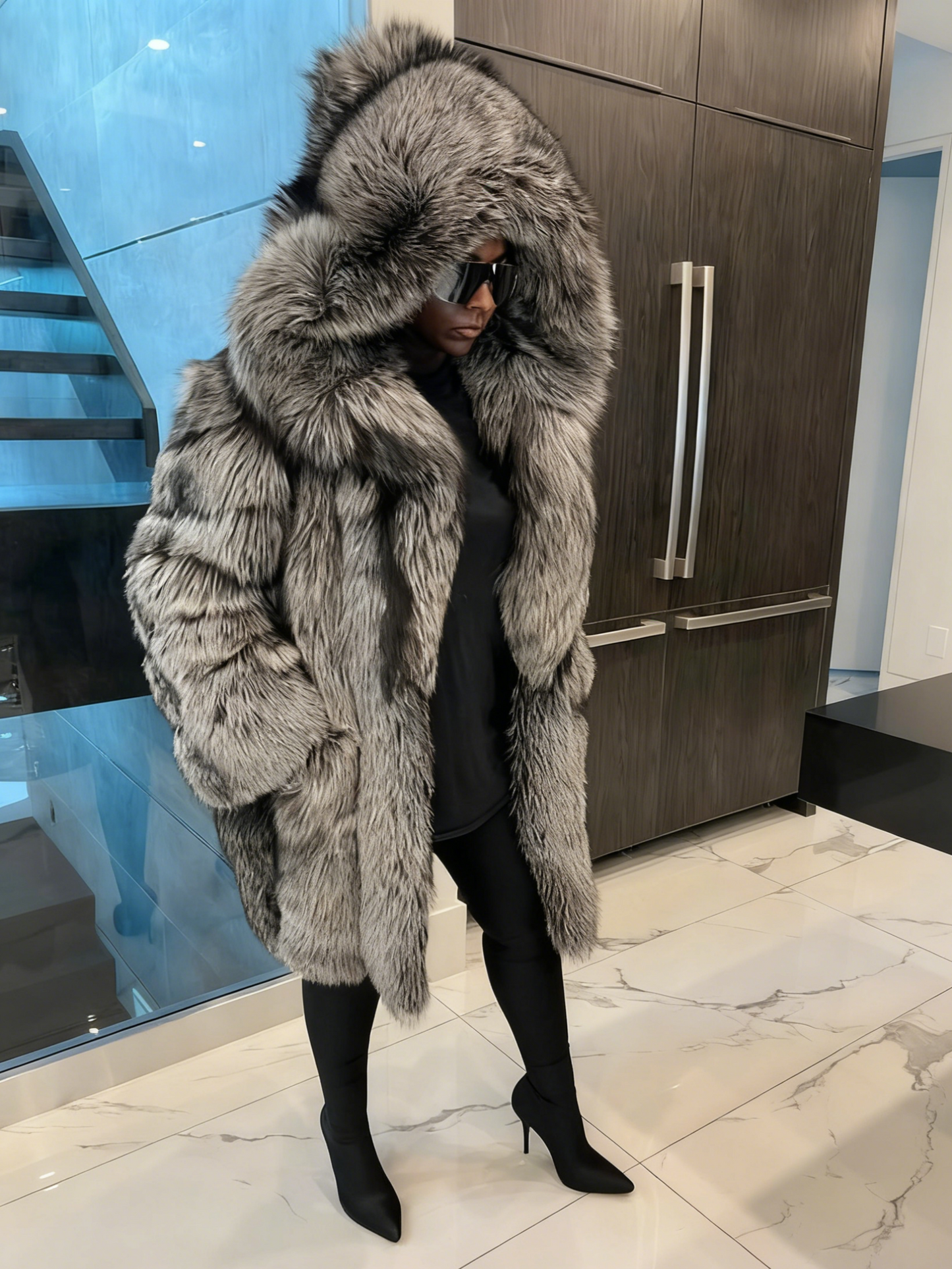 Luxury Silver Fox Fur Mid Coat