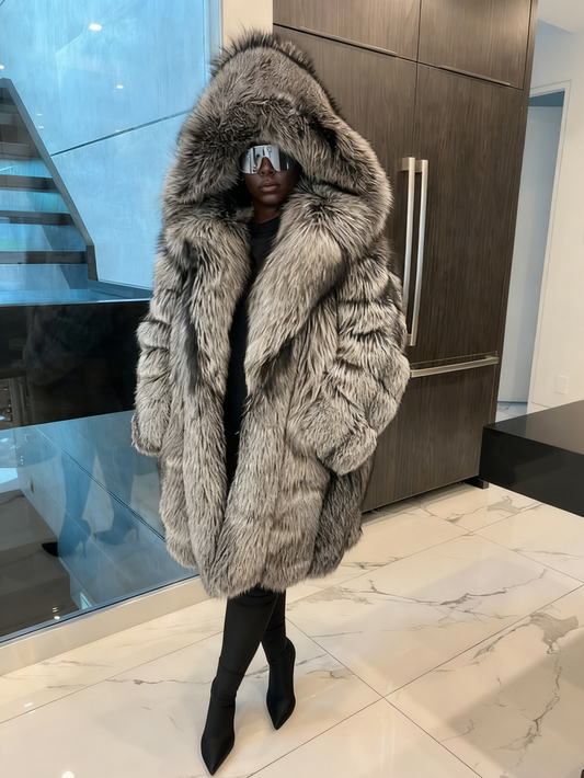 Luxury Silver Fox Fur Mid Coat