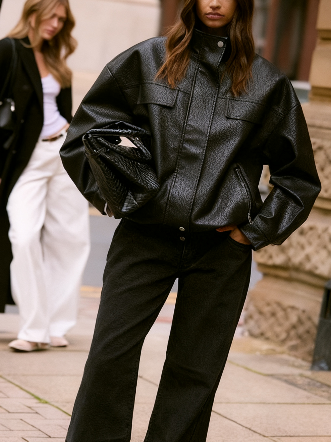 Black Funnel Neck Concealed Placket Faux Leather Jacket