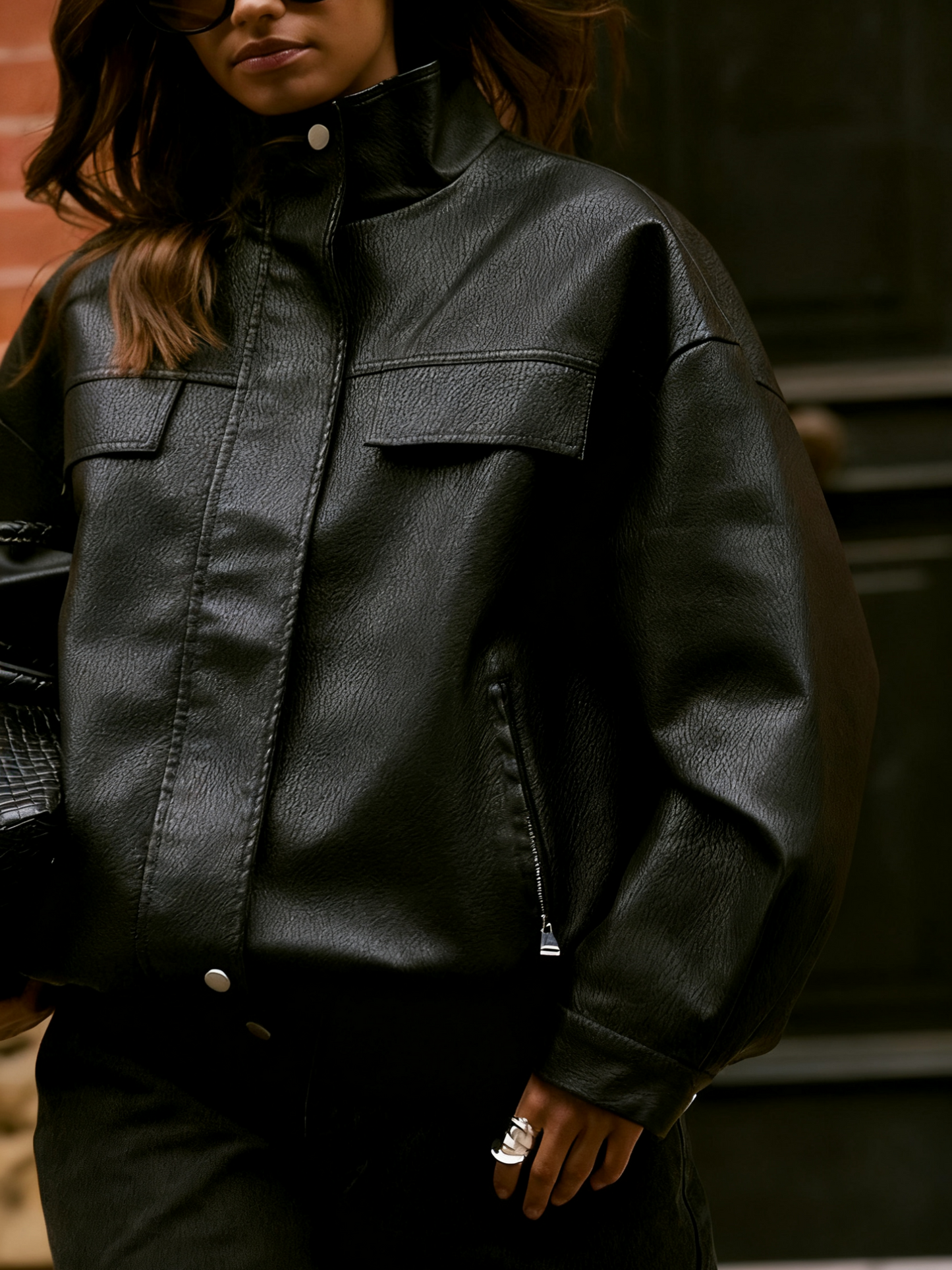 Black Funnel Neck Concealed Placket Faux Leather Jacket