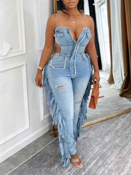 Deep V Neck Cutout Design with Tassel Trim & Ripped Detail Jumpsuit