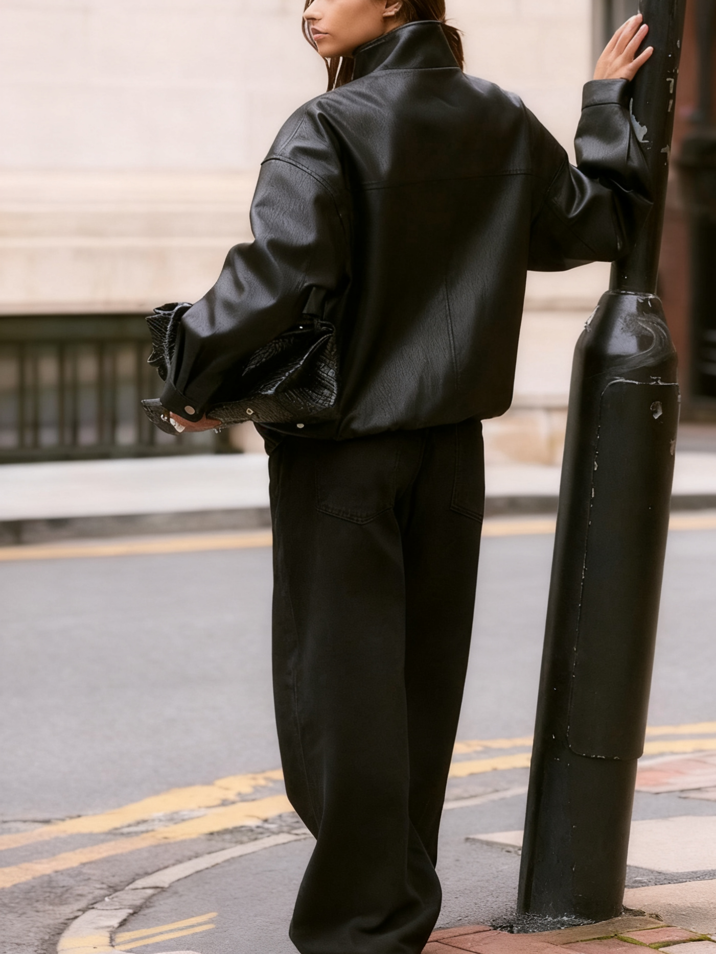 Black Funnel Neck Concealed Placket Faux Leather Jacket