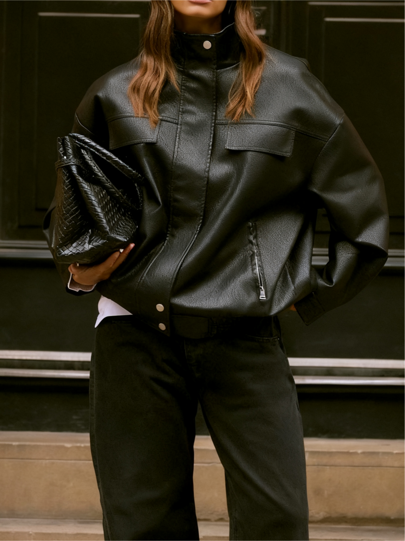 Black Funnel Neck Concealed Placket Faux Leather Jacket