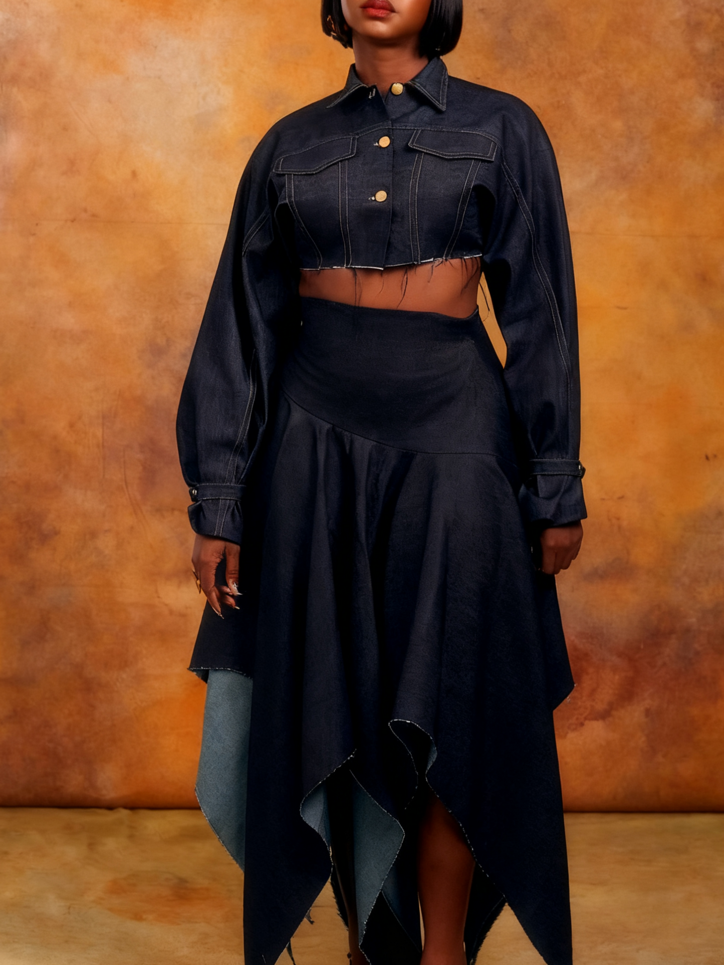 Denim Two - Piece Set: Cropped Jacket with Asymmetric Hem Skirt