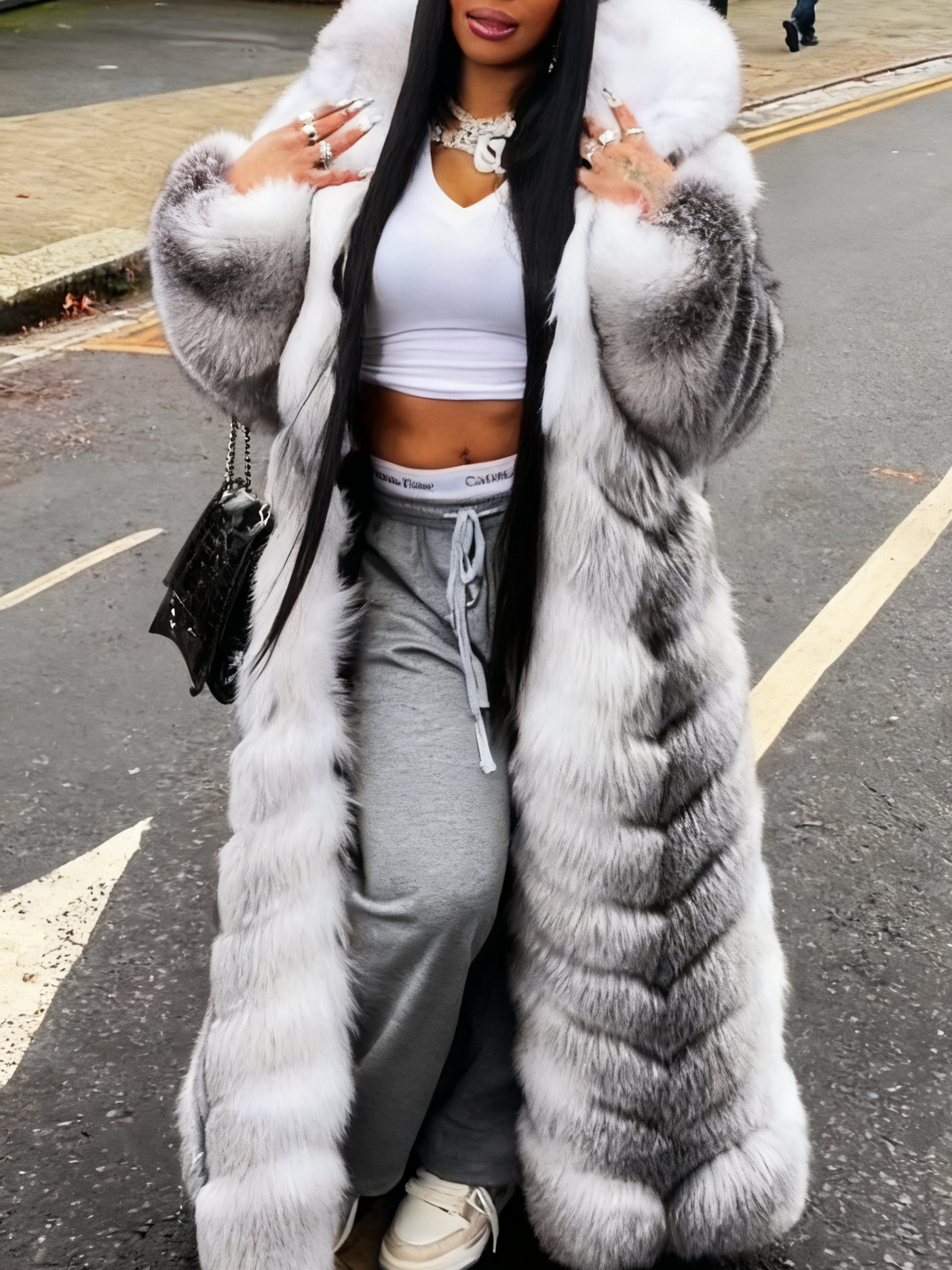 Luxury Silver Fox Fur Long Coat with Hood