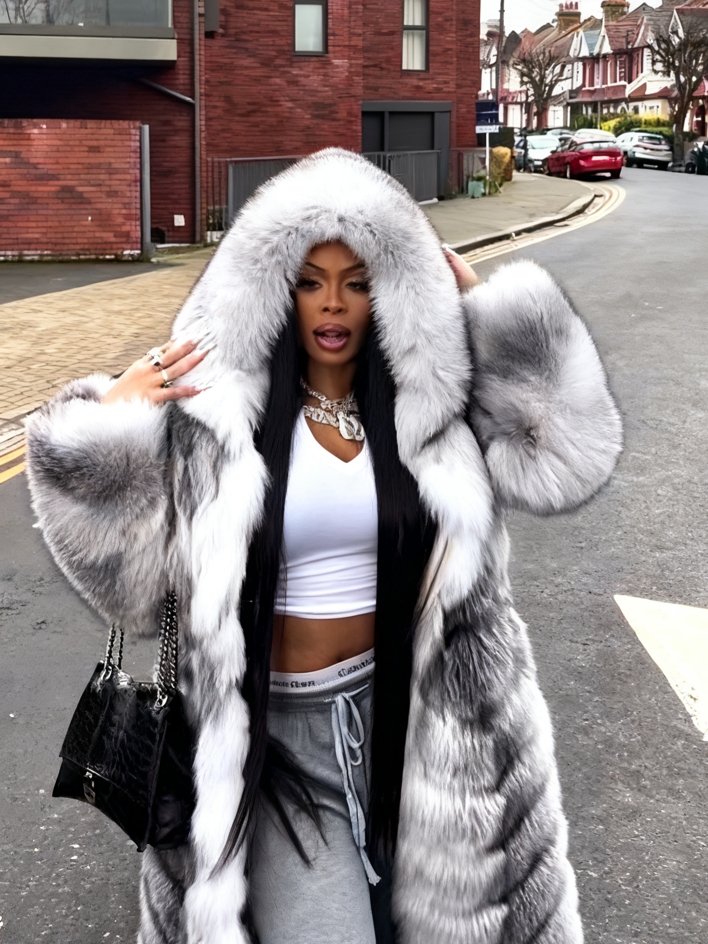 Luxury Silver Fox Fur Long Coat with Hood