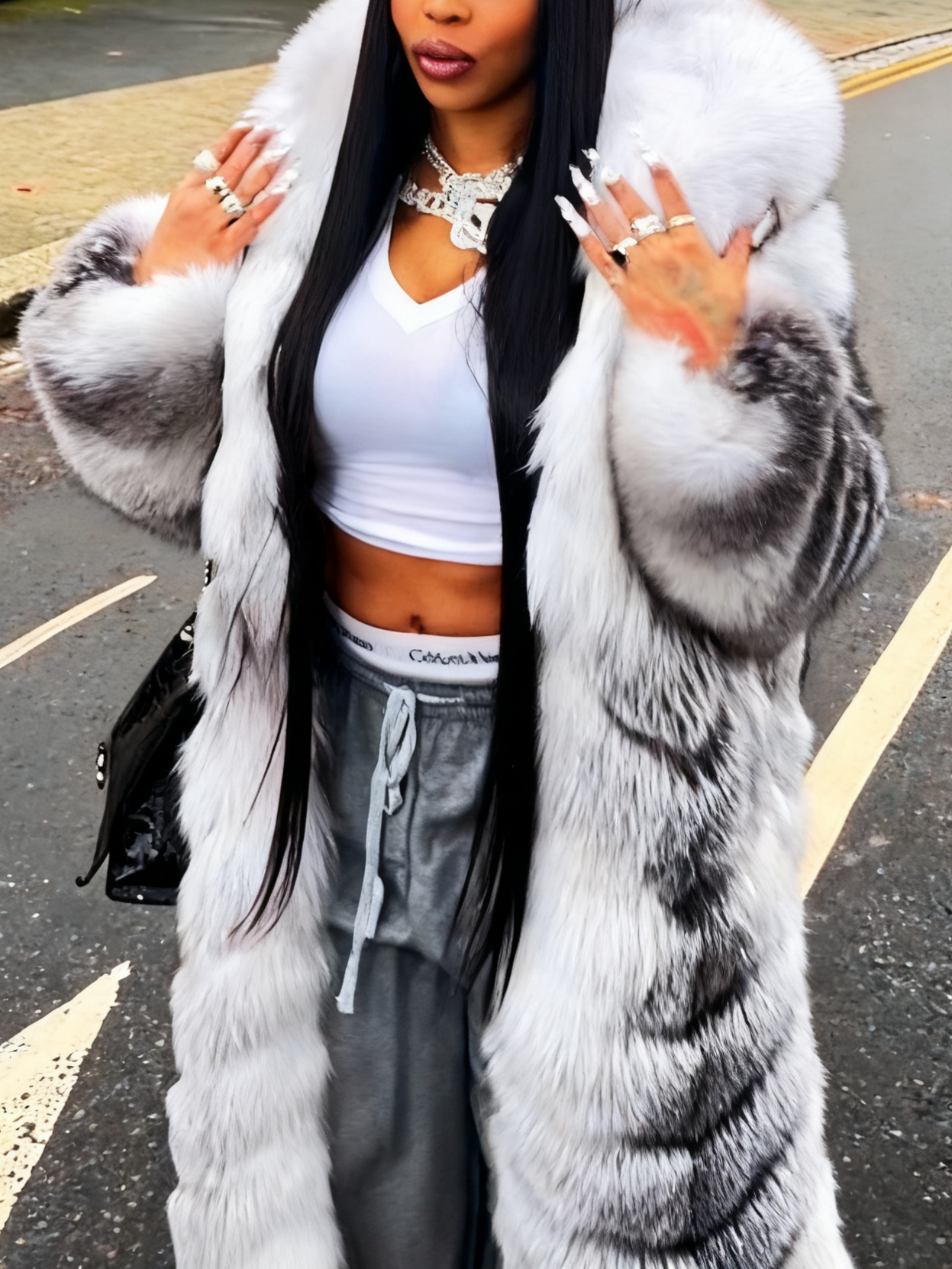 Luxury Silver Fox Fur Long Coat with Hood