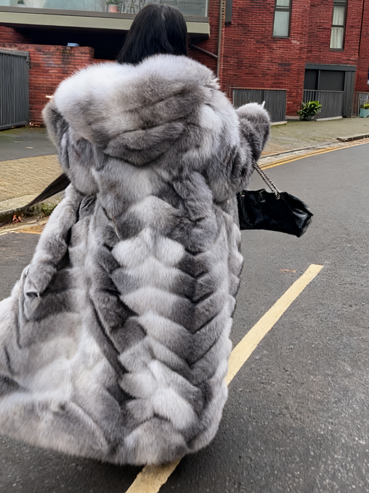 Luxury Silver Fox Fur Long Coat with Hood