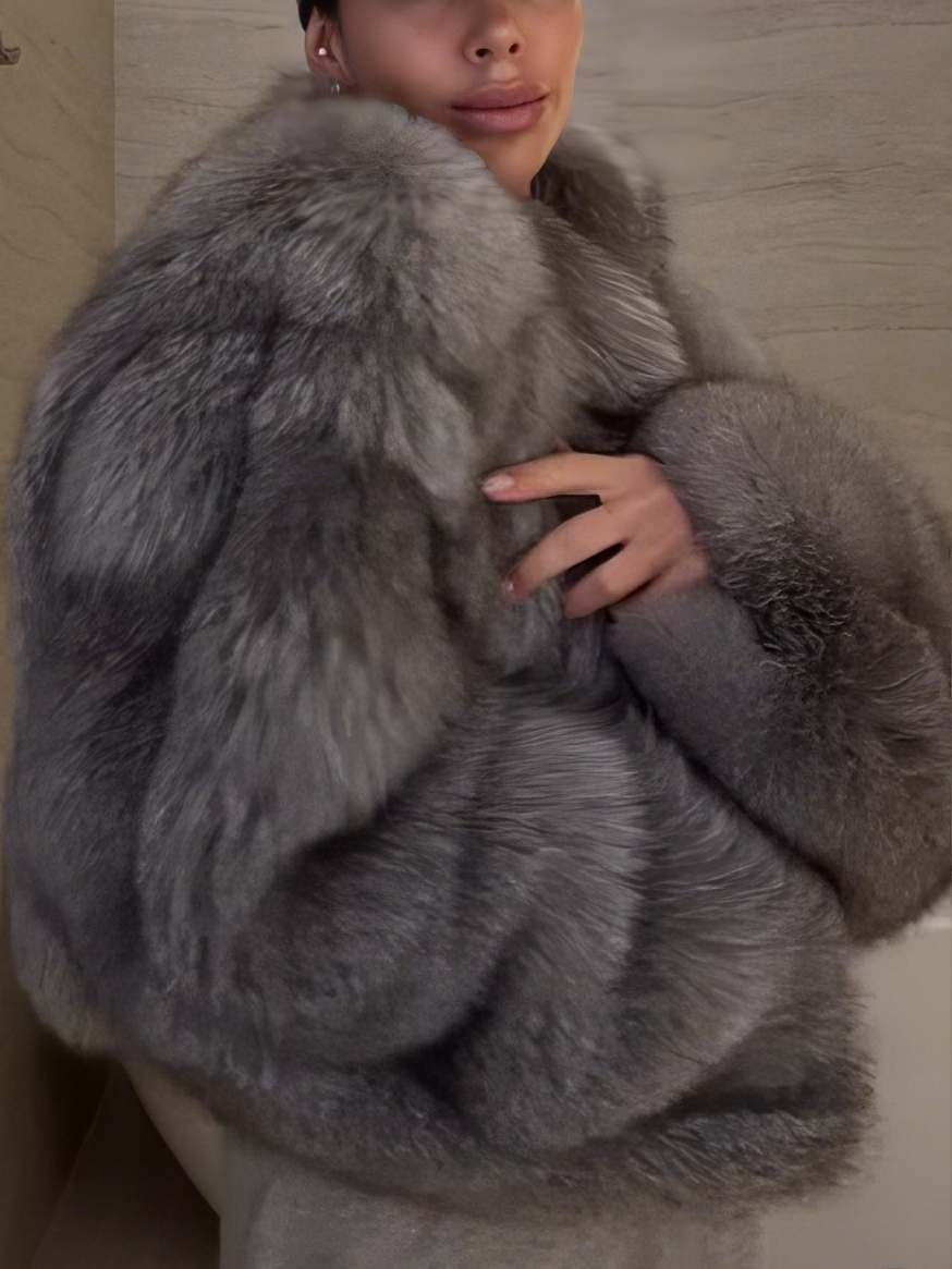 Luxury Oversized Faux Silver Fur Cropped Jacket