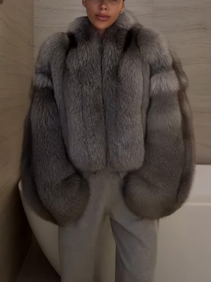 Luxury Oversized Faux Silver Fur Cropped Jacket