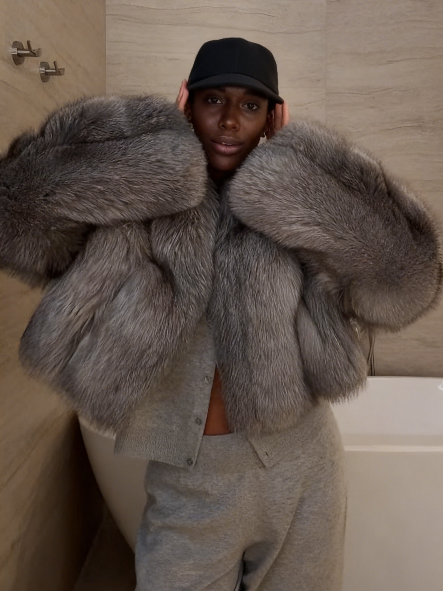 Luxury Oversized Faux Silver Fur Cropped Jacket