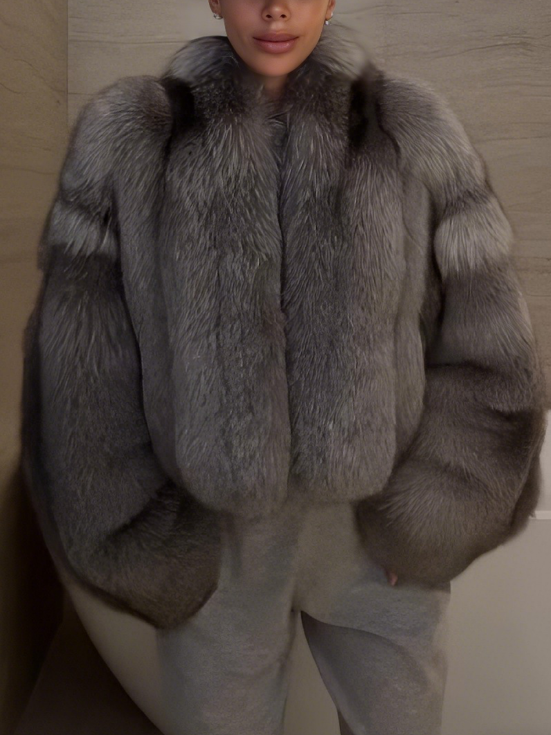 Luxury Oversized Faux Silver Fur Cropped Jacket