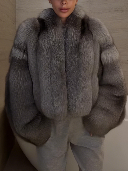 Luxury Oversized Faux Silver Fur Cropped Jacket