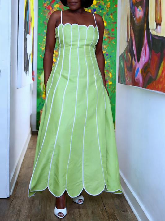 Scalloped Edge Lime Linen Maxi Dress