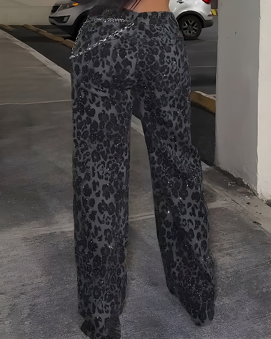Sparkling Rhinestones Leopard-Print Wide-Leg Jeans