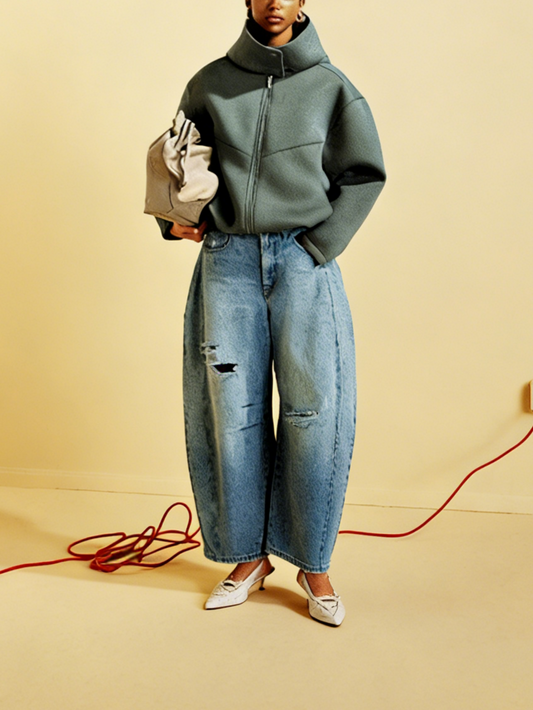 Oversized Scuba Hooded Jacket with Wide Lapel & Drawstring Hem