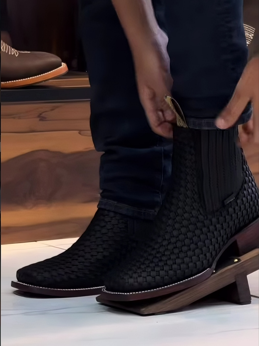 Black Basketweave Leather Ankle Boots