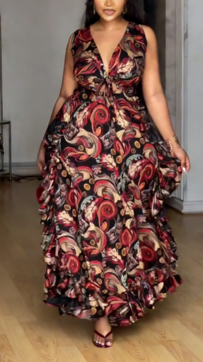 Deep V Neck Cutout Ruffled Boho Party Gown