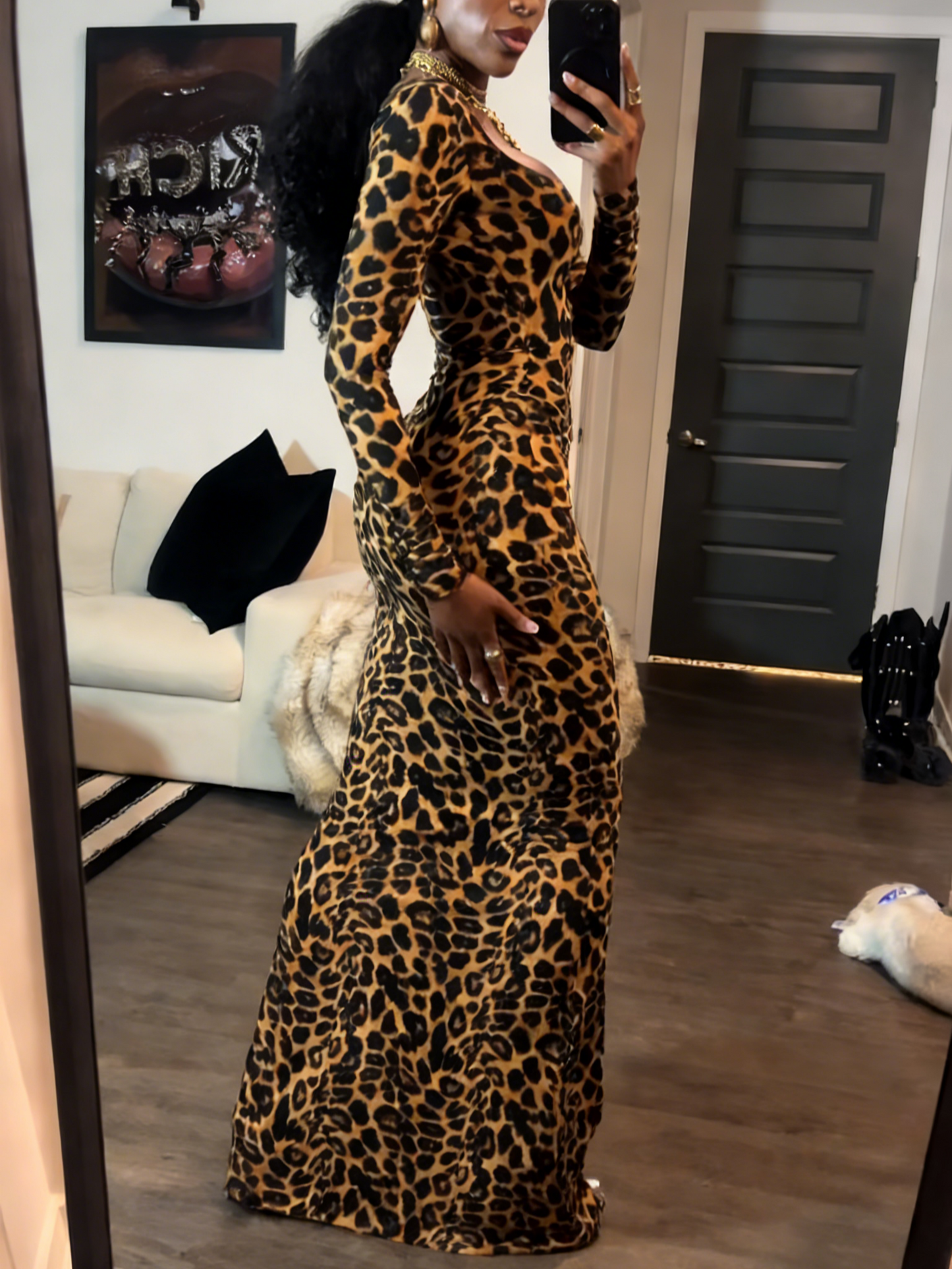 Leopard Print Long Sleeve Cutout Bodycon Maxi Dress
