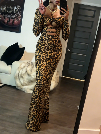 Leopard Print Long Sleeve Cutout Bodycon Maxi Dress