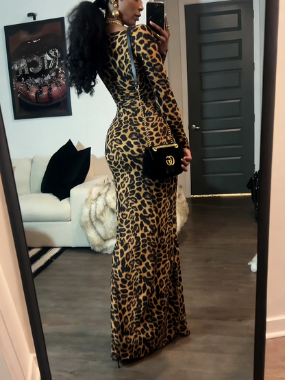 Leopard Print Long Sleeve Cutout Bodycon Maxi Dress