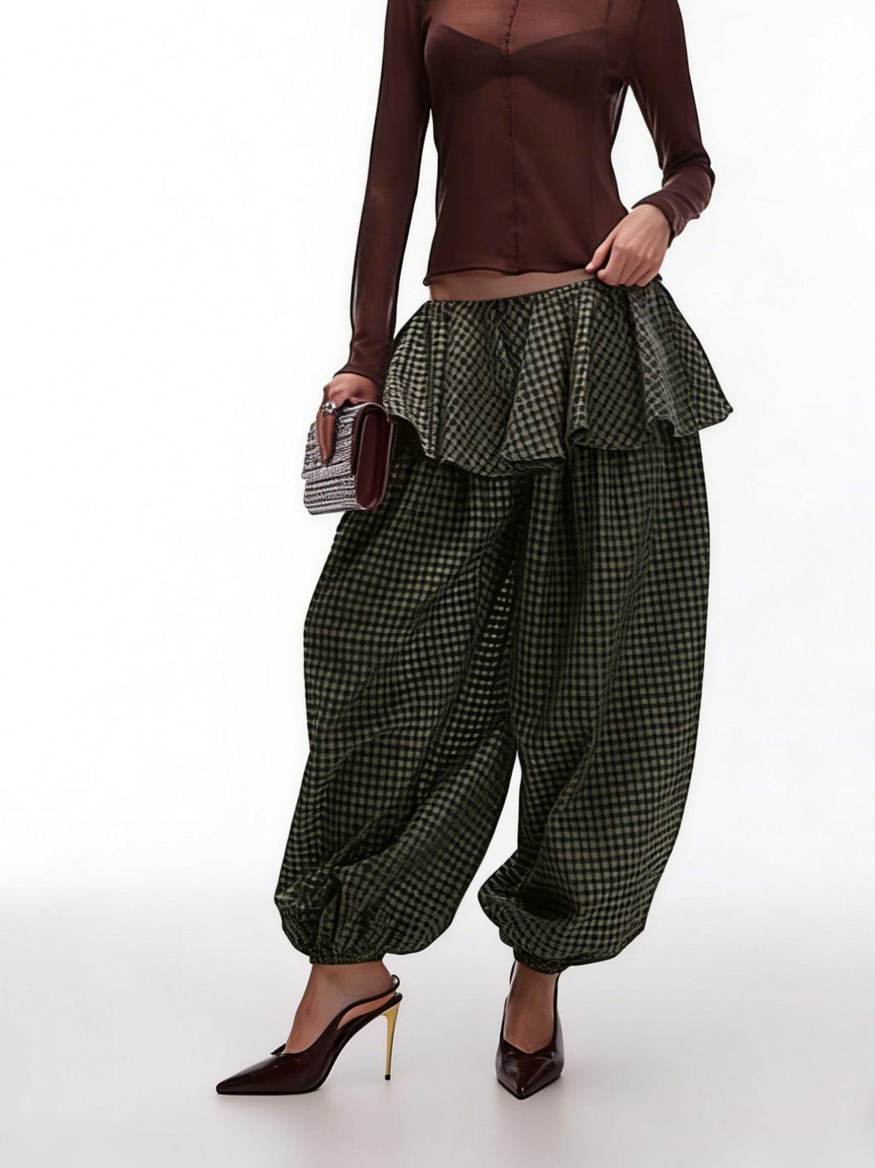 Gingham Print Ruffle Trim Balloon Pant