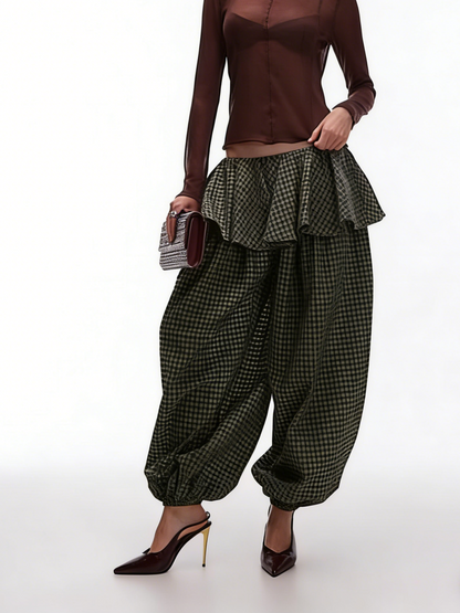 Gingham Print Ruffle Trim Balloon Pant