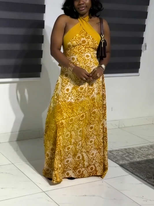 Mustard Floral Print Summer Vacation Evening Party Dress