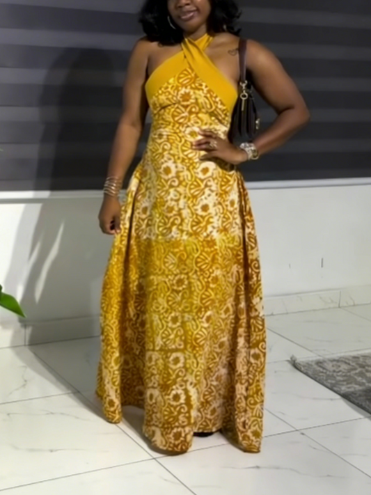 Mustard Floral Print Summer Vacation Evening Party Dress