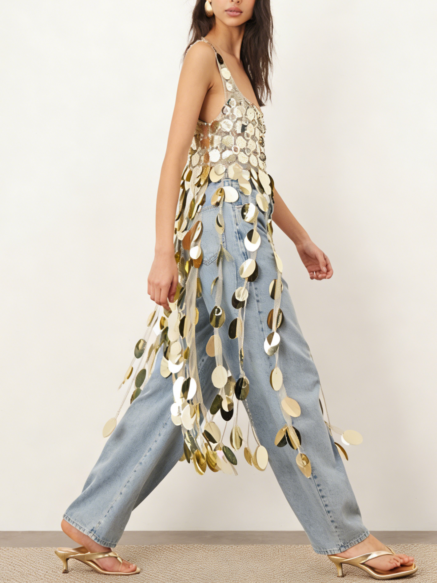 Gold Disc Sequin Fringe Tank Top