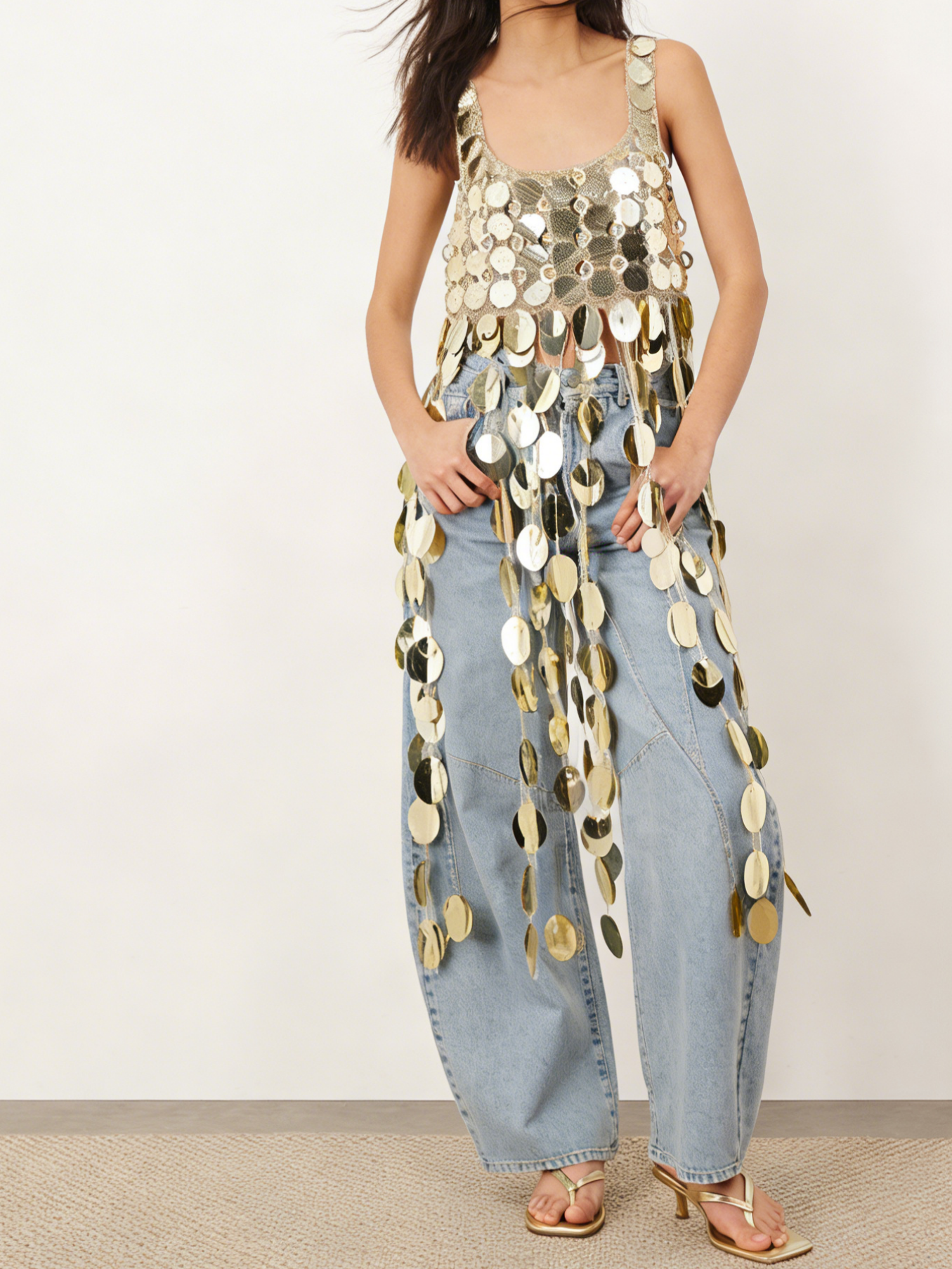 Gold Disc Sequin Fringe Tank Top