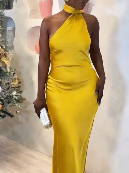 Bright Yellow Halter Neck Satin Maxi Dress
