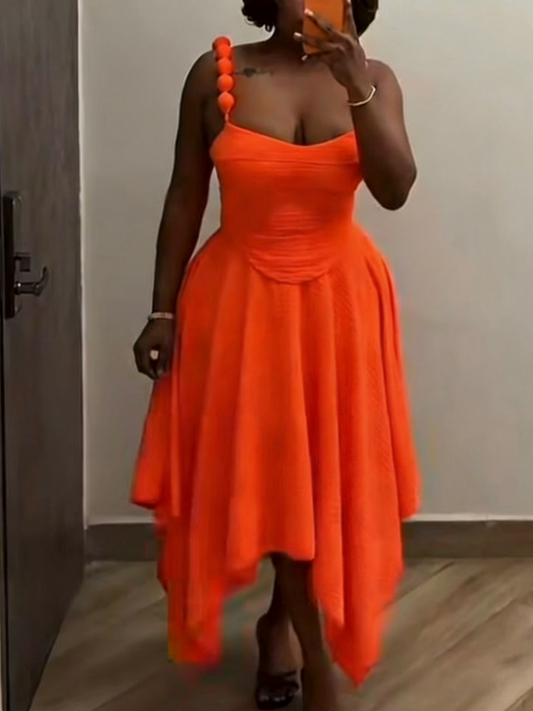 Orange Bubble Strap Asymmetrical Hem Midi Skirt 2-piece Set