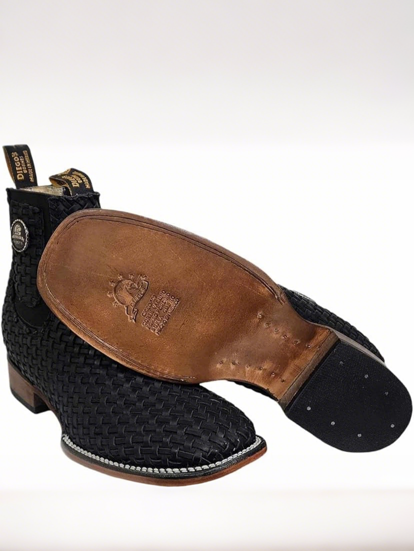 Black Basketweave Leather Ankle Boots