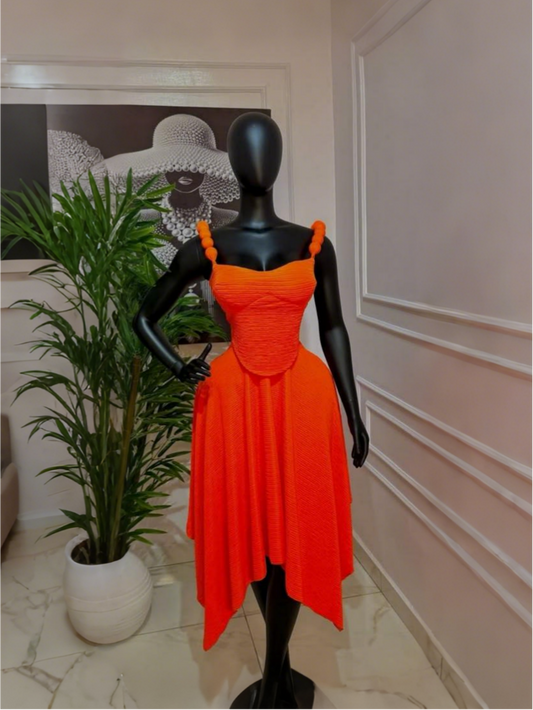 Orange Bubble Strap Asymmetrical Hem Midi Skirt 2-piece Set