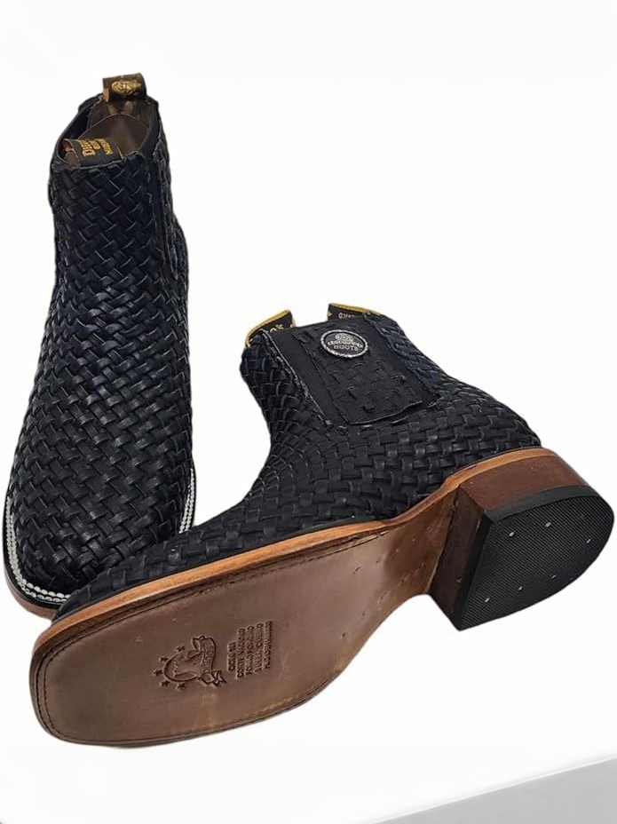 Black Basketweave Leather Ankle Boots