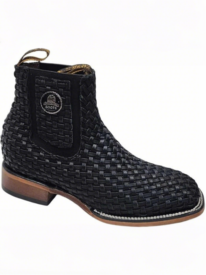 Black Basketweave Leather Ankle Boots