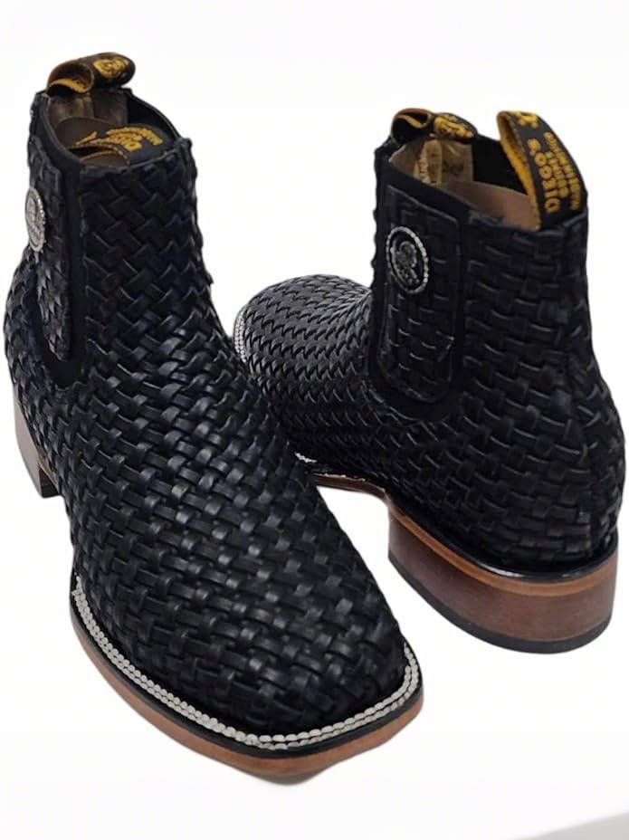 Black Basketweave Leather Ankle Boots