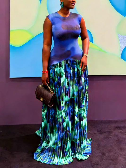 Chic Sleeveless Blue Green Gradient Pleated Formal Dress