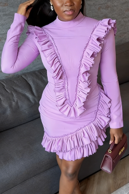 Lilac Ruffle Detail Mock Neck Mini Dress