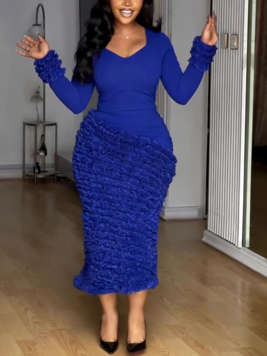 Royal Blue Ruffle Bodycon Midi Dress