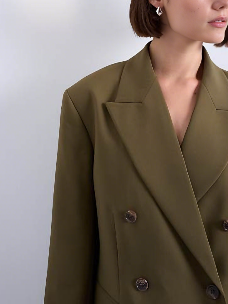 Olive Green Oversized Double-Breasted Blazer and Wide-Leg Pants Set