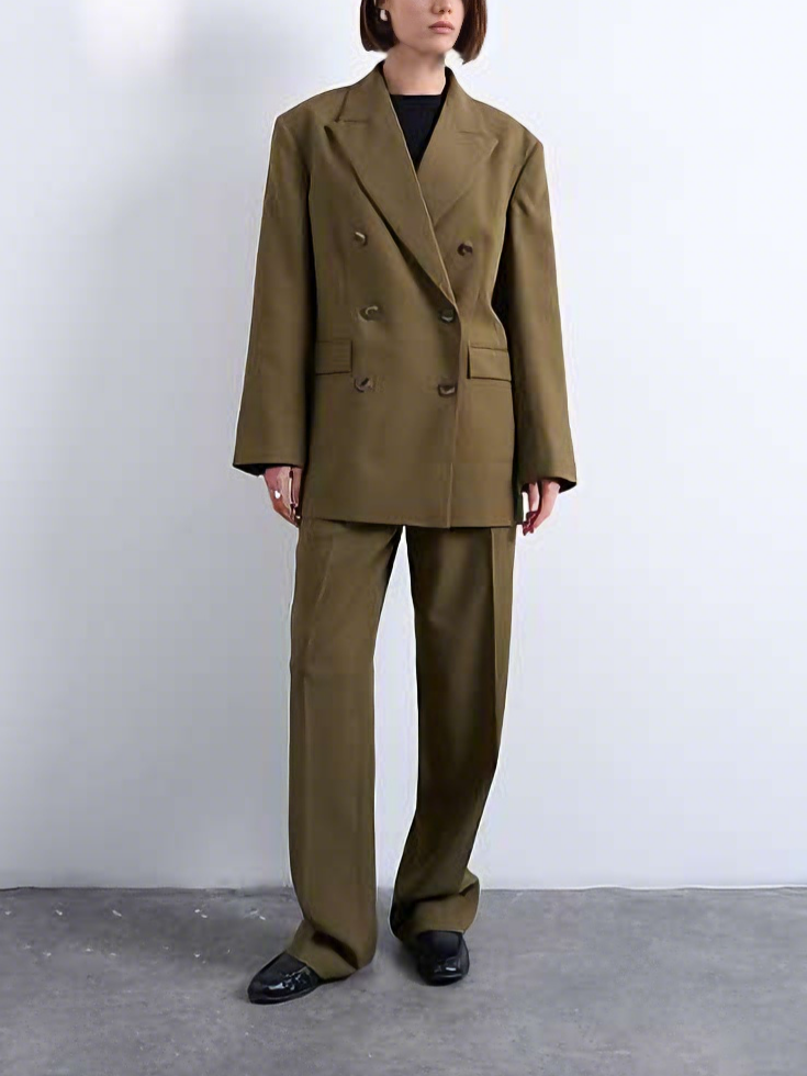 Olive Green Oversized Double-Breasted Blazer and Wide-Leg Pants Set