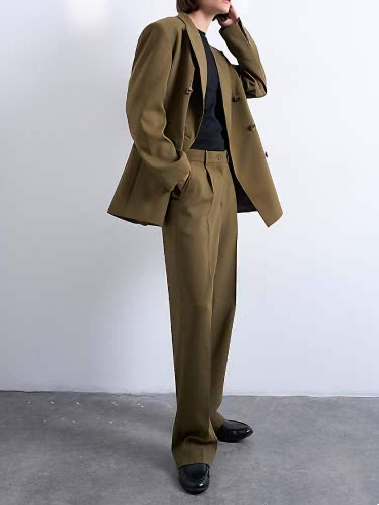 Olive Green Oversized Double-Breasted Blazer and Wide-Leg Pants Set