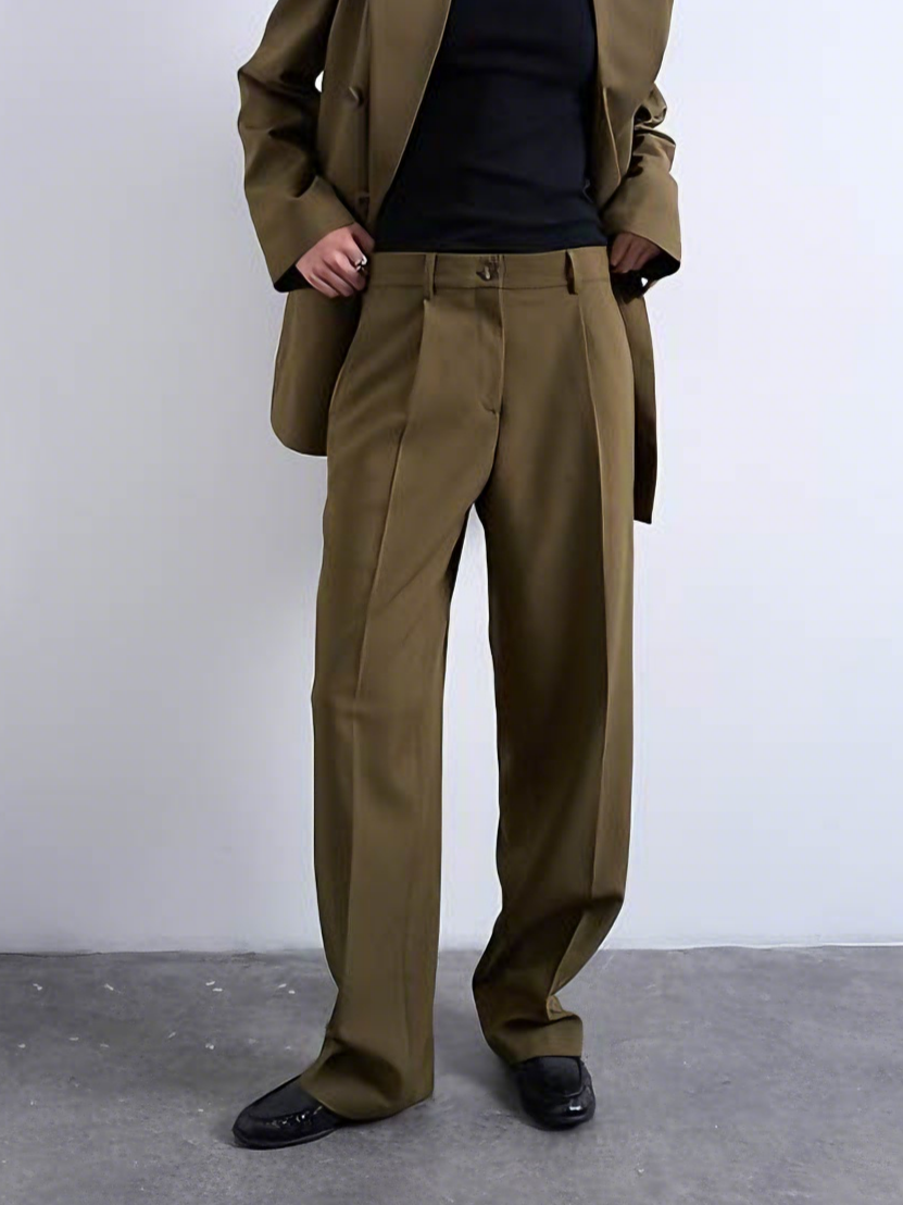 Olive Green Oversized Double-Breasted Blazer and Wide-Leg Pants Set